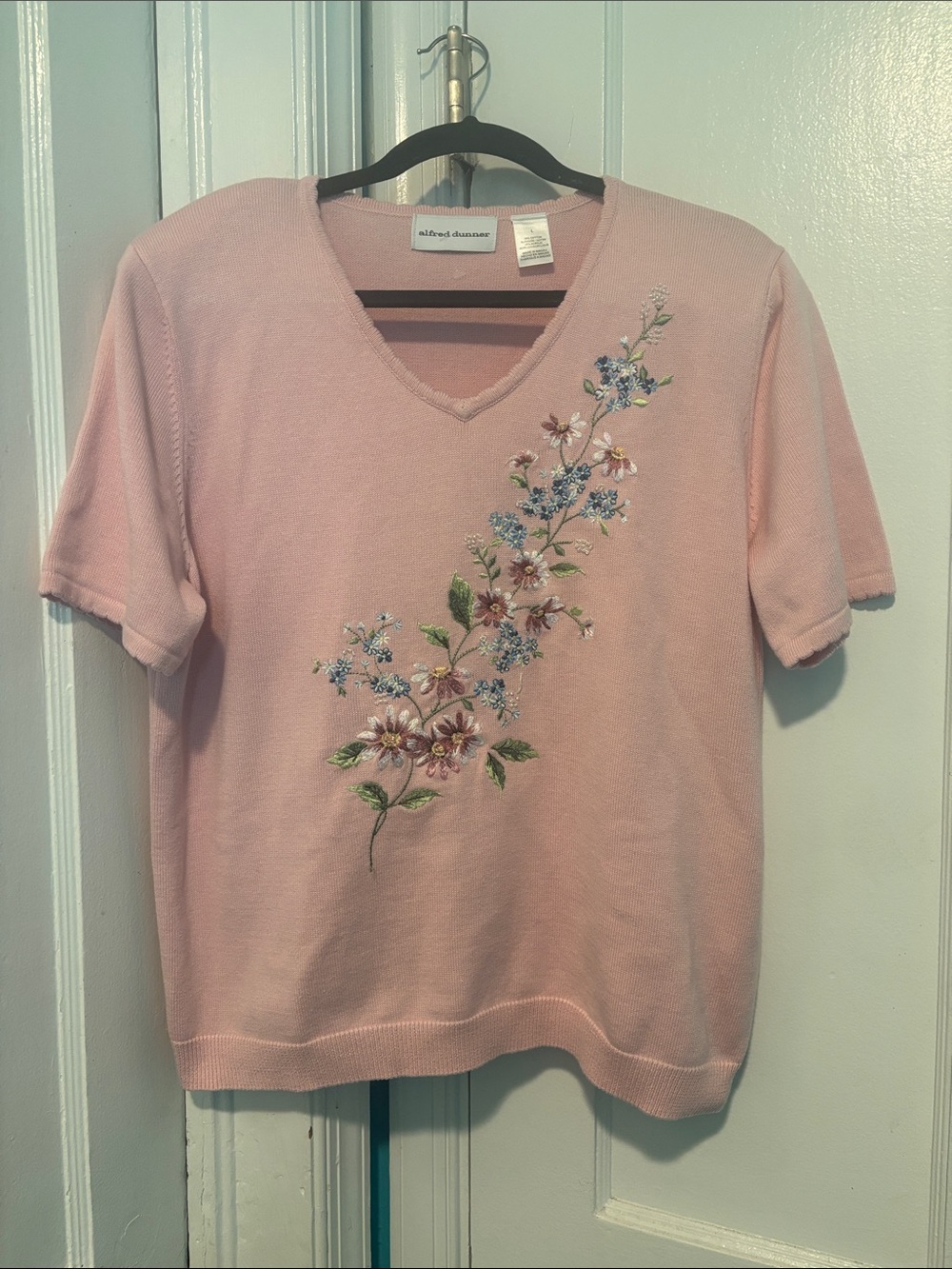 Alfred Dunner Pink Floral Embroidered V-Neck Top